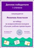 Диплом победителя 1 степени за победу во всероссийском конкурсе "Лучшая учебная презентация" 